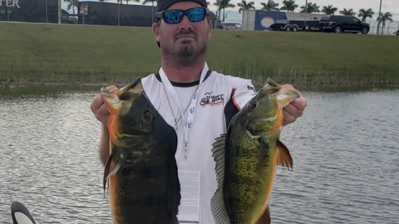 Holding two peacock