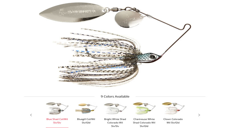 A spinnerbait with reflective blades and colorful skirt