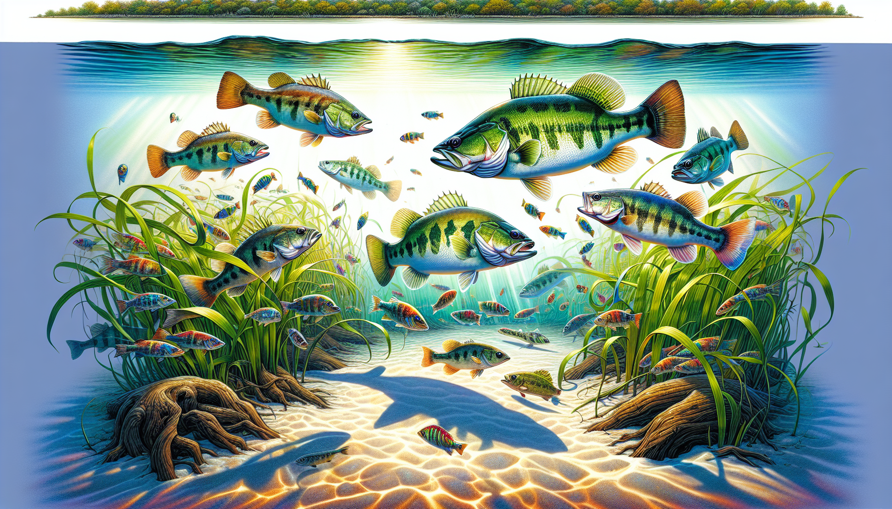 An illustration depicting the spawning behavior of bass in their natural habitat.