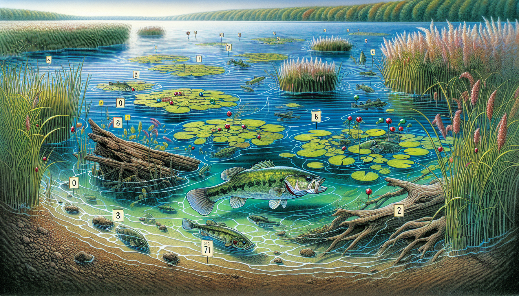 An illustration of key locations where spawning bass can be found.