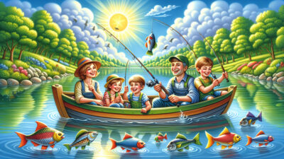 A family enjoying a fishing trip, showcasing a joyful fishing experience